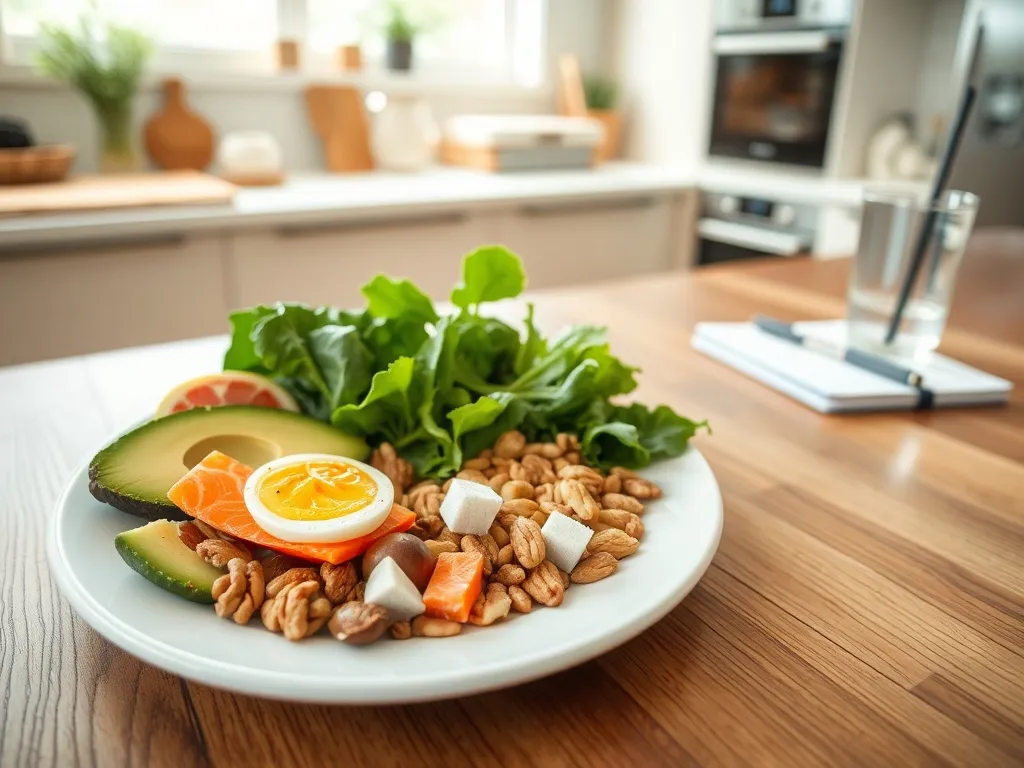 Talerz z produktami keto i odsuniętą miseczką cukru, symbolizujący wybór diety niskowęglowodanowej dla zdrowia