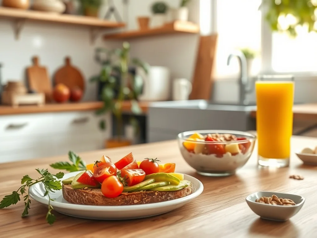 Wegetariańskie śniadanie: tost z awokado, miska owoców z jogurtem i granolą oraz sok pomarańczowy w jasnej, przytulnej kuchni.
