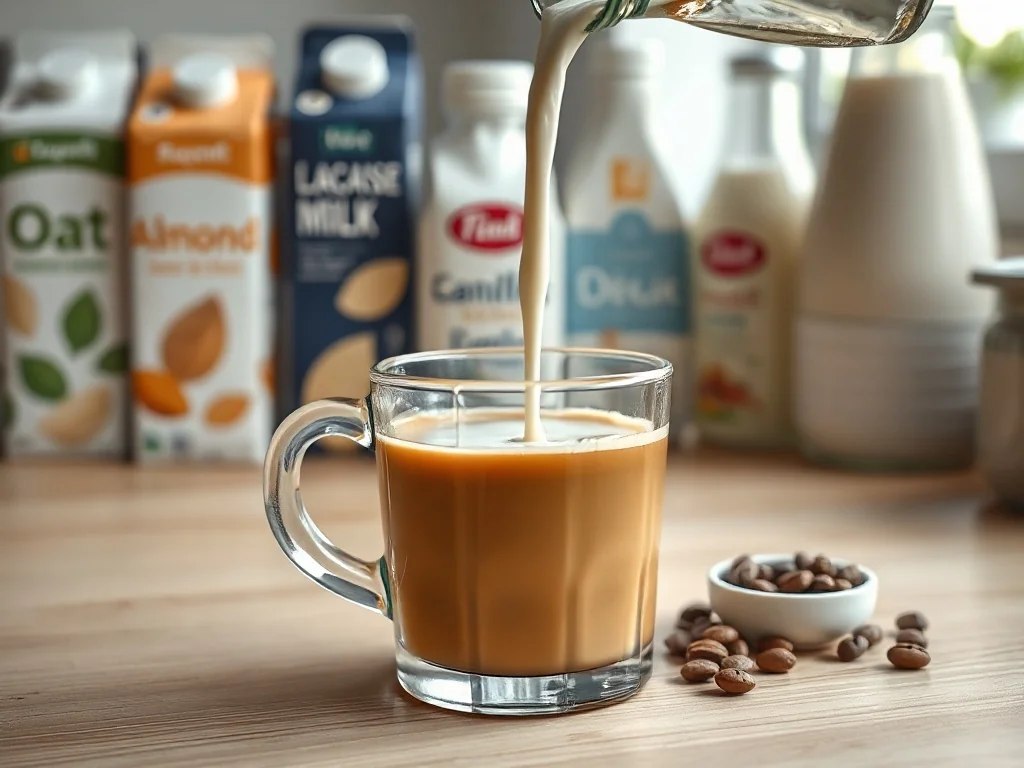 Kawa w szklanym kubku z dolewanym mlekiem roślinnym, w tle różne rodzaje mleka odpowiednie na dietę.