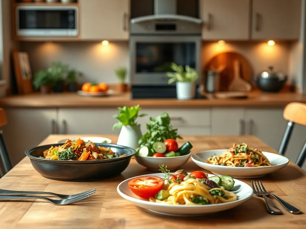 Przytulny stół z prostymi wegetariańskimi daniami: warzywny stir-fry, sałatka i makaron, idealne na szybką kolację.