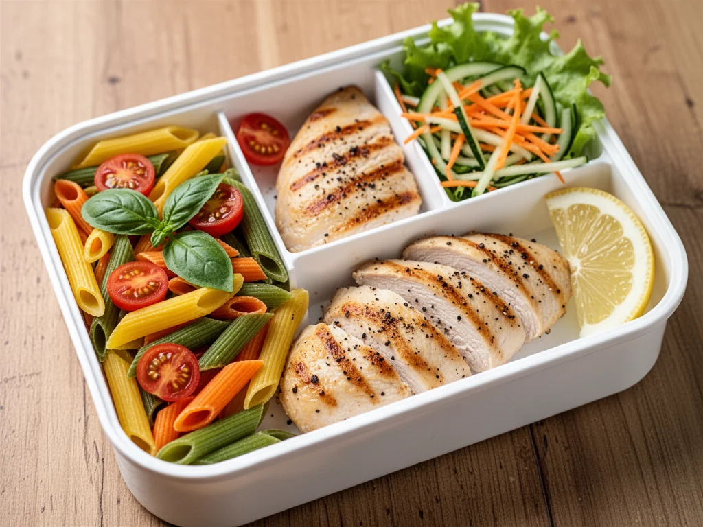 Lunchbox do pracy z kolorowym makaronem, grillowanym kurczakiem i świeżą sałatką z warzywami, gotowy do zabrania ze sobą.