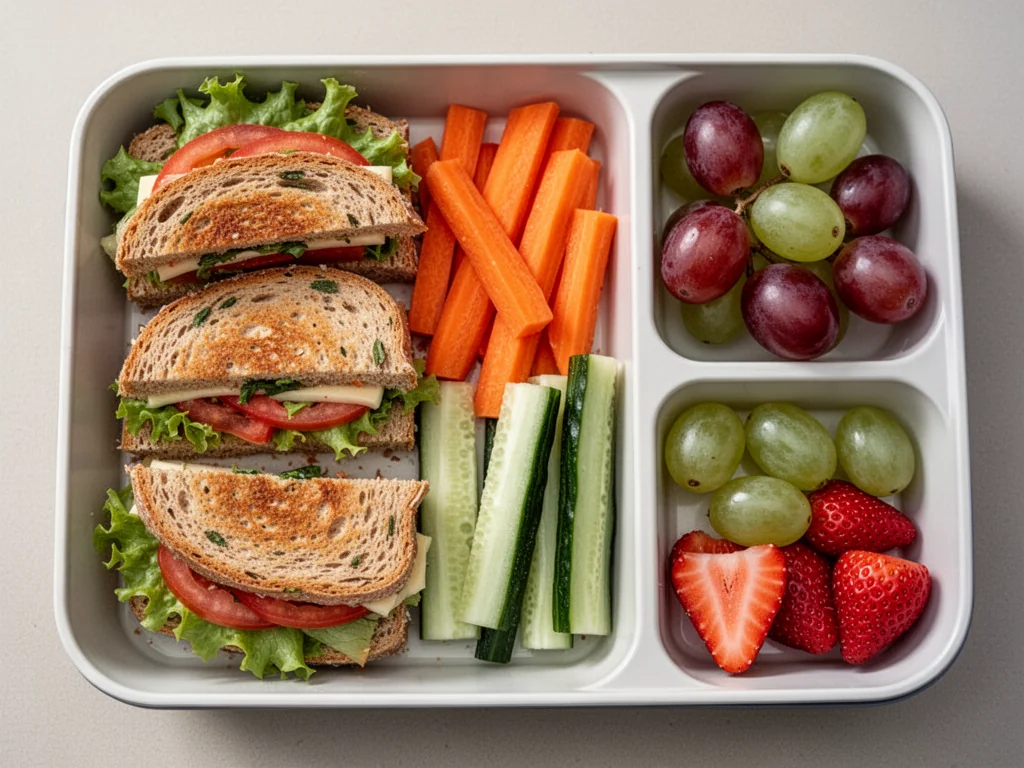 Kolorowy lunchbox do szkoły: mini kanapki pełnoziarniste, świeże warzywa oraz winogrona i truskawki jako zdrowy deser.