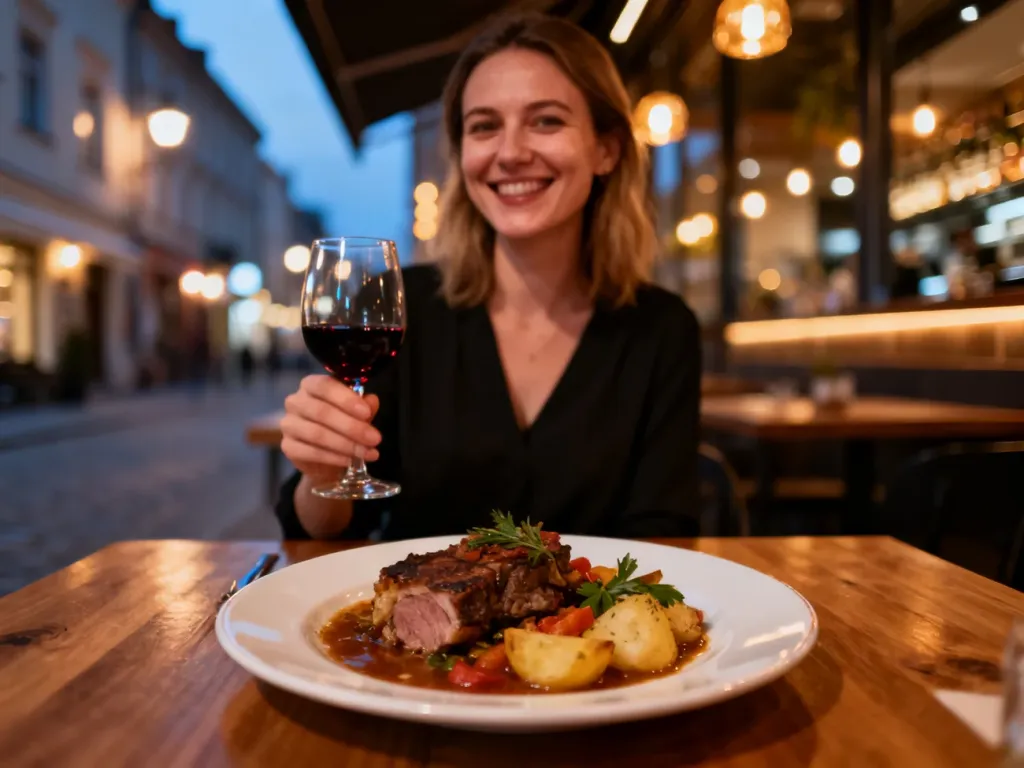 Uśmiechnięta kobieta trzyma talerz z polskim daniem i kieliszkiem wina w przytulnej restauracji w Gorzowie, no text on the picture