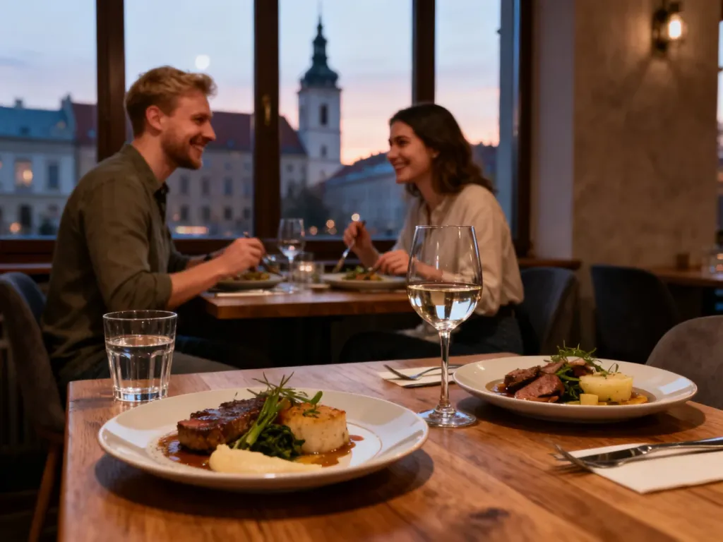 Przytulne wnętrze restauracji w Opolu, para delektuje się nowoczesną polską kuchnią przy świecach, no text on the picture