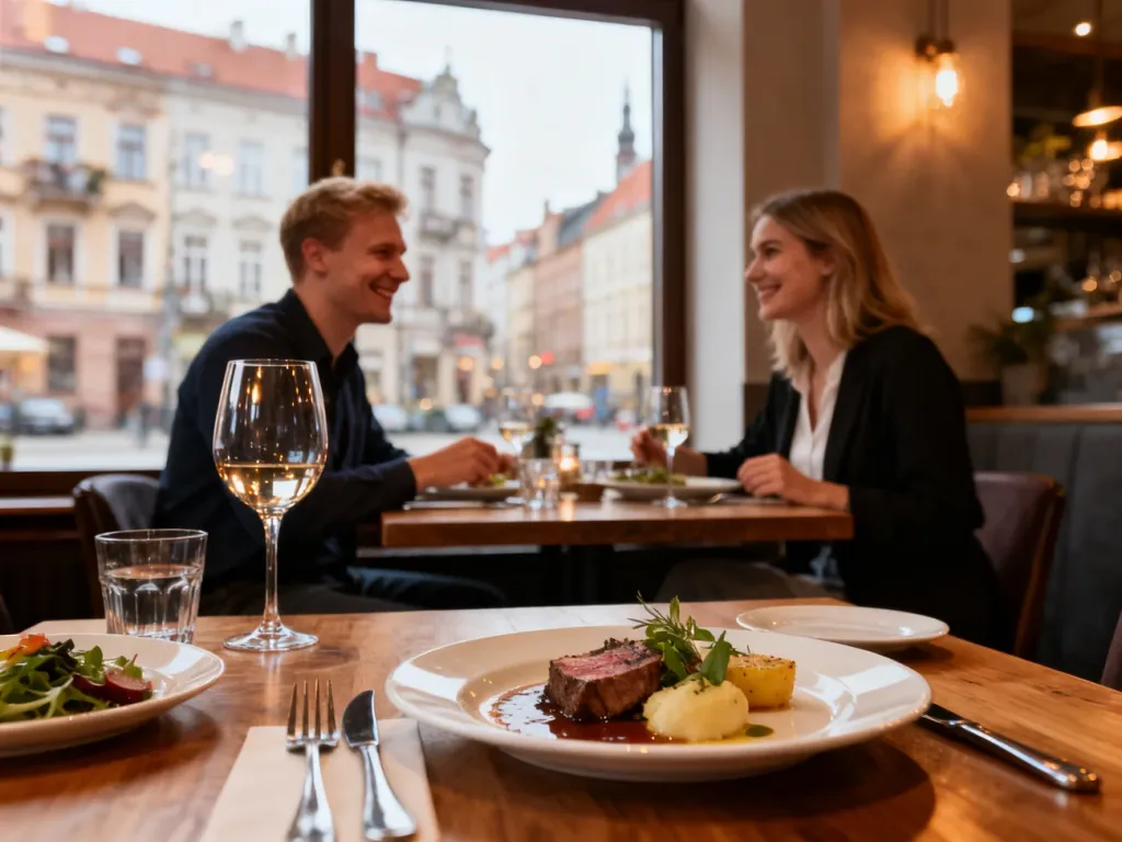 Przytulne wnętrze restauracji w Szczecinie z nowoczesnymi polskimi daniami i parą delektującą się kolacją, no text on the picture